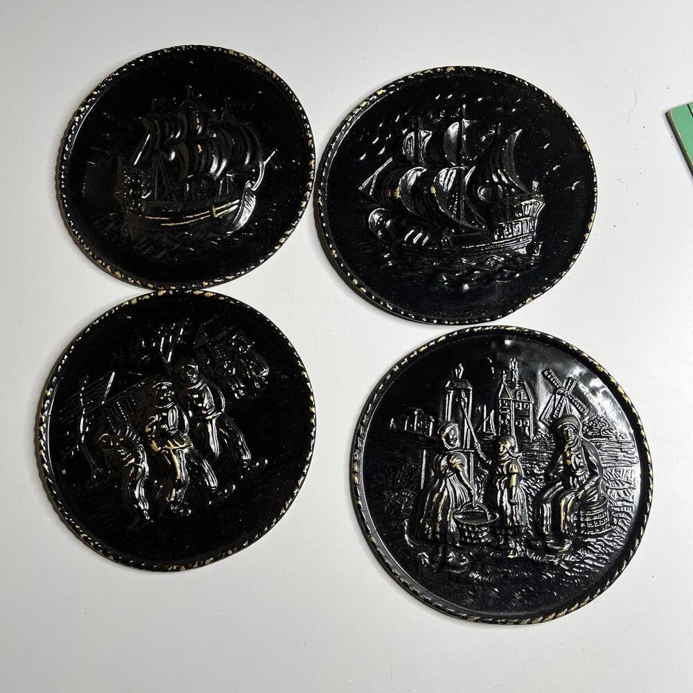 Vintage Black Brass Wall Plates Dutch Nautical Ship Scenes Set 4 Made In England